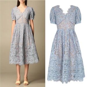 Self-Portrait Fine Cord Lace Midi Dress In Light Blue Cotton